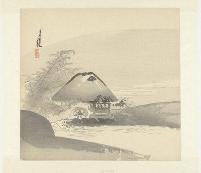 Flusslandschaft mit Haus und Wasserrad von Ogata Gekko