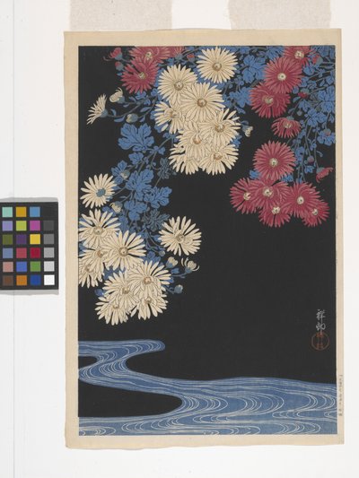 Chrysanthemen und Bach von Ohara Koson