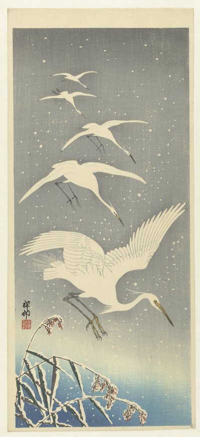 Absteigende Reiher im Schnee von Ohara Koson