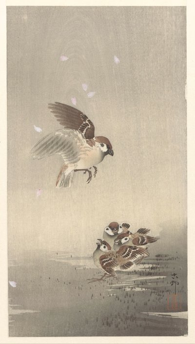 Haussperling mit Jungen von Ohara Koson