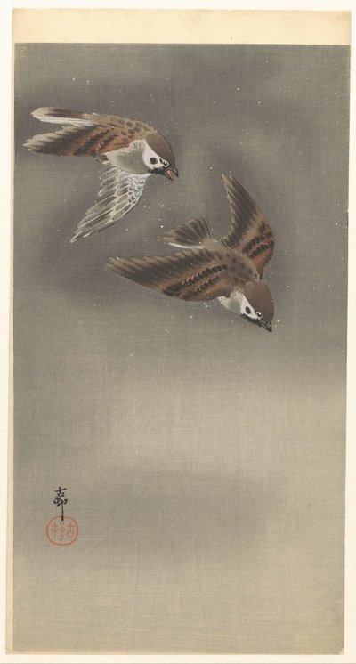 Haussperlinge im Schnee von Ohara Koson