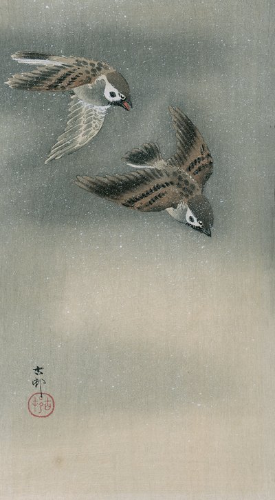 Spatzen im Flug (Farbholzschnitt) von Ohara Koson