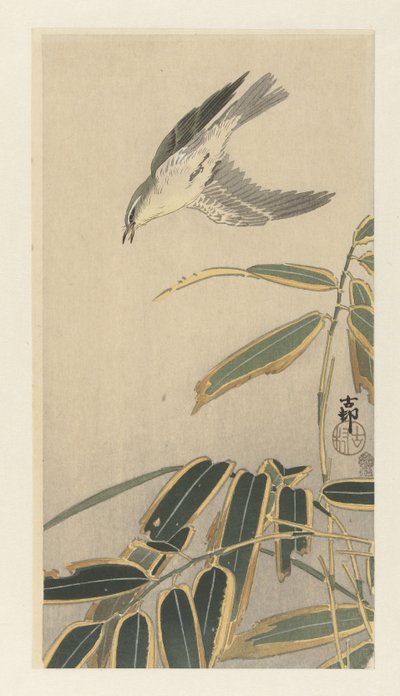 Steinschmätzer bei Bambus von Ohara Koson