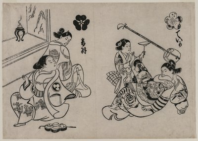 Drei Kurtisanen mit einem Kunden von Okumura Masanobu