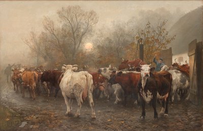 Kühe aus dem Kuhstall treiben von Otto Bache