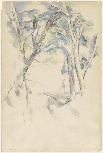 Bäume, die sich über Felsen lehnen, um 1892 von Paul Cézanne