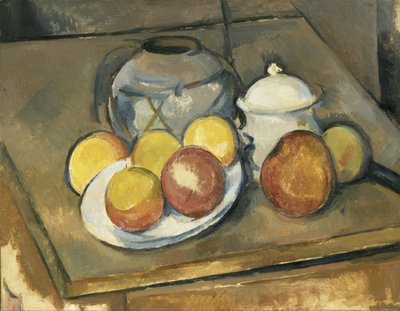 Vase, Zuckerdose und Äpfel von Paul Cézanne