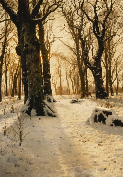 Eine bewaldete Winterlandschaft mit Hirschen von Peder Monsted