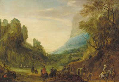 Alpenlandschaft mit Reisenden in einem Tal von Peeter Snayers