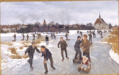 Kinder beim Schlittschuhlaufen außerhalb von Fåborg von Peter Hansen