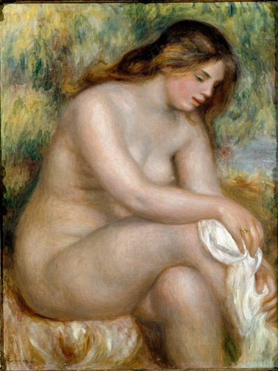 Nackte sitzend (Badende, die ihr Bein abwischt) von Pierre Auguste Renoir