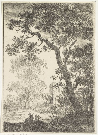 Landschaft mit Ruine und sitzender Figur von Pieter Bartholomeusz. Barbiers