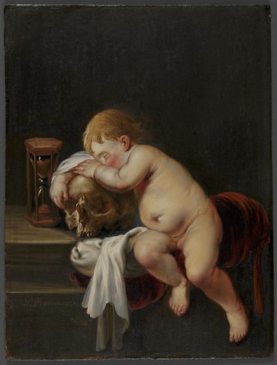 Junge, der auf einem Schädel schläft von Pieter Moninckx