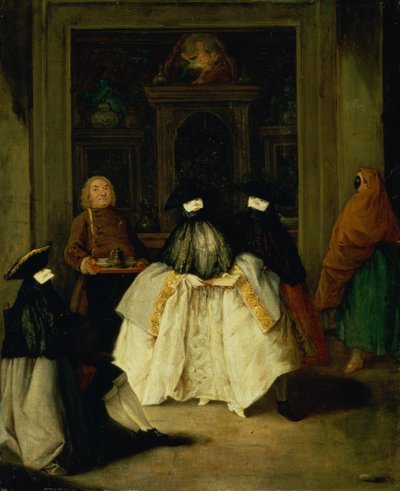 Maskierte Figuren in einem venezianischen Kaffeehaus von Pietro Longhi