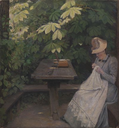 Eine sommerlich gekleidete Dame in einem Pavillon von Poul S. Christiansen
