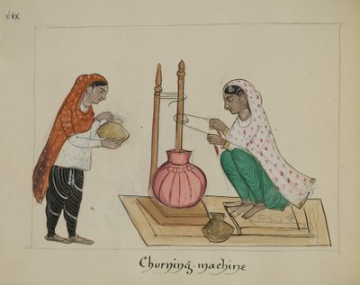 Zwei Frauen mit einer Buttermaschine von Punjabi School