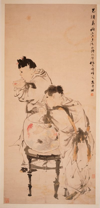 Zwei Jungen spielen mit Goldfischen, 1879 von Ren Yi