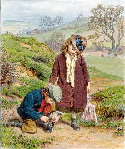 Bruder bindet seiner Schwester den Schuh, veröffentlicht 1854 von Robert Barnes