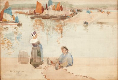 Figuren auf der Hafenmauer, Bretagne von Robert Brough