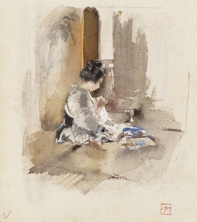 Japanisches Mädchen beim Nähen, 1890 von Robert Frederick Blum