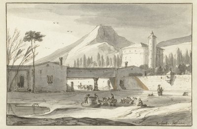 Gebirgige, italienische Landschaft mit einer Rotundenkirche von Roelant Roghman