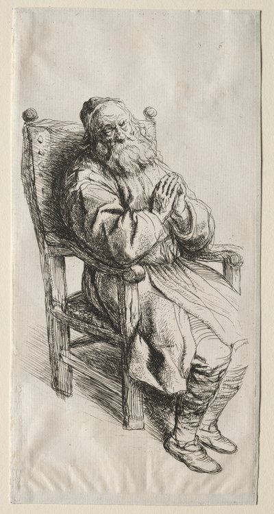Ein alter Mann in einem Stuhl, betend von Salomon Koninck
