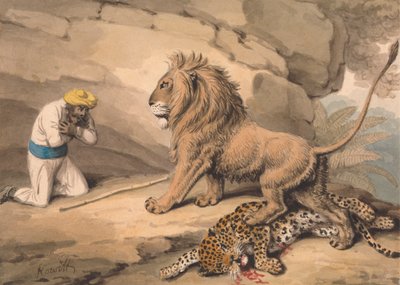 Ein Löwe steht über einem verwundeten Leoparden von Samuel Howitt