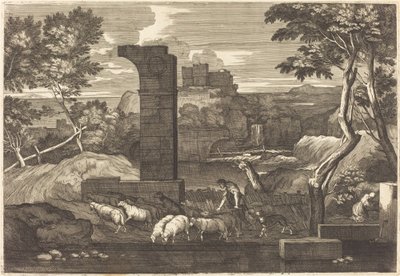 Landschaft mit Bauer und seiner Herde von Sébastien Bourdon