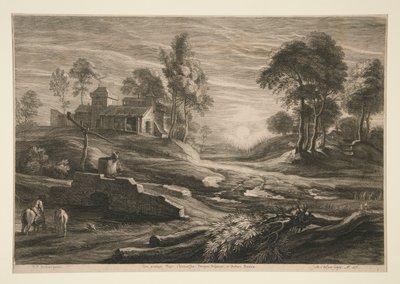Bauernhof und Bach bei Sonnenuntergang von Schelte Adams Bolswert