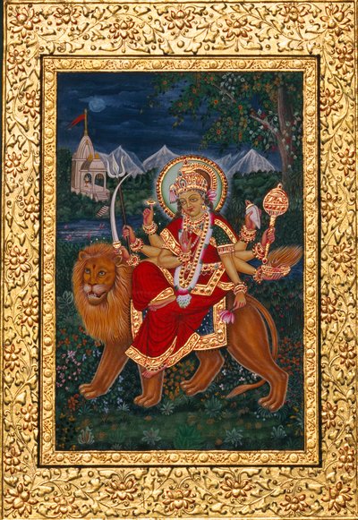 Göttin Durga Miniaturmalerei mit goldenem Rahmen von School Indian