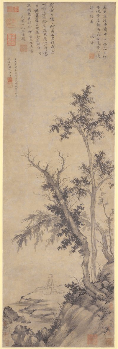 Einsiedler angelt bei Herbstbäumen, datiert 1350 von Sheng Mou