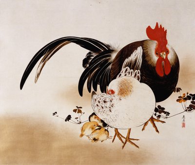 Hahn, Henne und Küken, 1892 von Shibata Zeshin