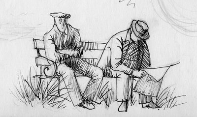 Zwei Männer auf einer Bank, ca. 1950 von Shirley Markham