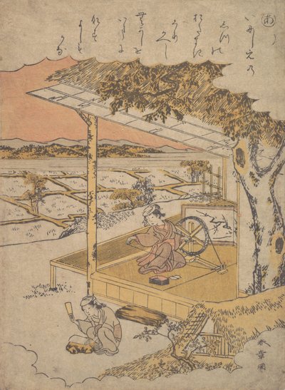 Frau auf der Veranda, beim Spinnen, 18. Jahrhundert von Shunsho