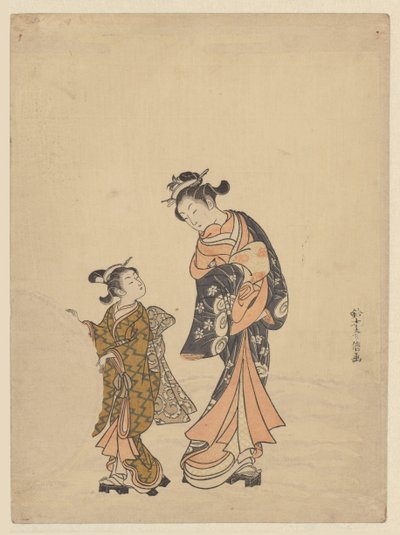 Junge Frau und Mädchen bei Schneeball von Suzuki Harunobu