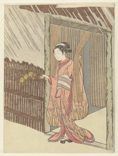 Mädchen mit einem Yamabuki-Zweig in den Händen von Suzuki Harunobu