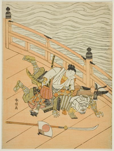 Ushiwakamaru und Benkei kämpfen auf der Gojo-Brücke von Suzuki Harunobu