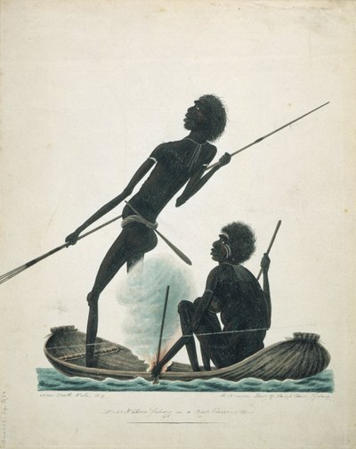 Einheimische beim Fischen in einem Rindenkanu, 1819 von T.R. Browne