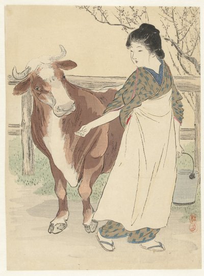 Milchmädchen mit Kuh von Takeuchi Keishū