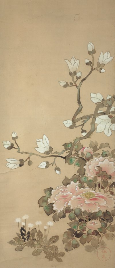 Pfingstrosen, Magnolie und Löwenzahn von Tawaraya Sotatsu