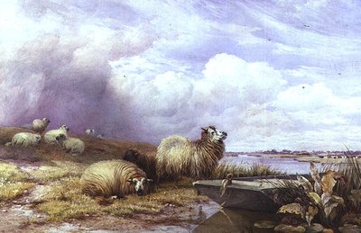 Eine Landschaft mit Schafen und Boot von Thomas Francis Wainewright