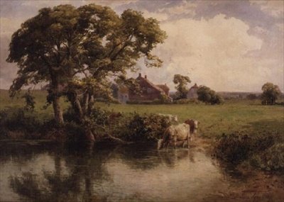 Rinder trinken in der Nähe eines Bauernhauses von Thomas Pyne