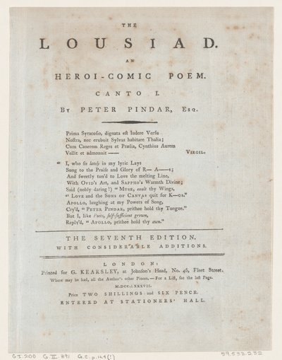 Die Lousiad, Titelseite, 1787 von Thomas Rowlandson