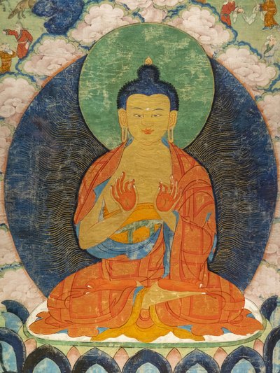Buddha und drei Jakata: Mahakapi, Ruru, Shaabhamiga von Tibetan School