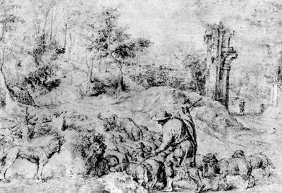 Landschaft mit Hirte und Herde, ca. 1520 von Tiziano Vecelli