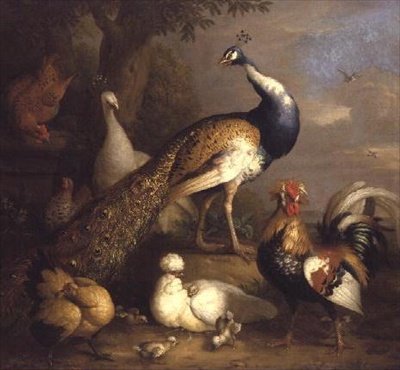Pfau, Pfauhenne und Geflügel in einer Landschaft von Tobias Stranover