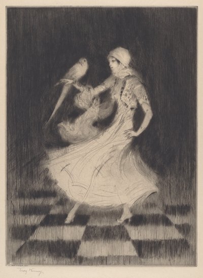 Frau tanzt mit einem Papagei von Troy Kinney