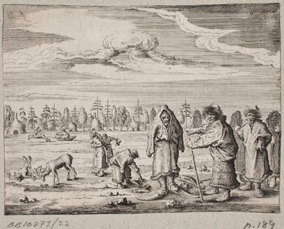 Nomaden mit Rentieren in einer schneebedeckten Landschaft von Ubekendt