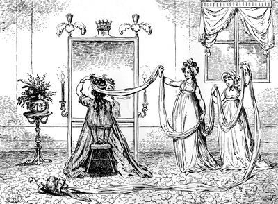 Eine Dame setzt sich ihre Haube auf, Juni 1795 von Unbekannt