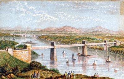 Britannia-Tubularbrücke über die Menai-Straße, Wales, um 1850 von Unbekannt